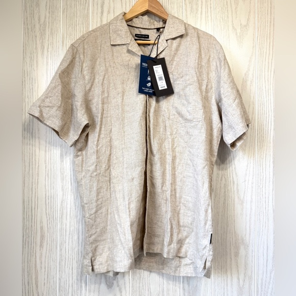 Kenneth Cole Men’s Large Taupe Linen Button Down Shirt NWT - Picture 1 of 3